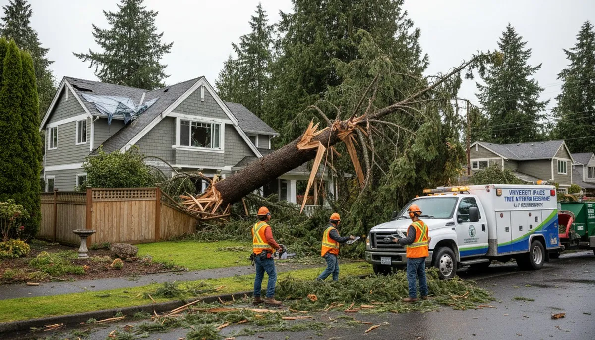 Emergency tree removal crew clearing storm damage in University Place near Tacoma WA homes
