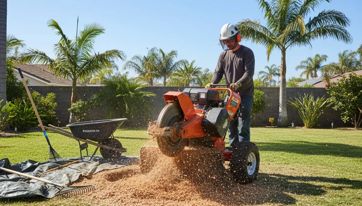 Professional stump grinding service removing tree stump in Redondo near Tacoma, WA for yard restoration